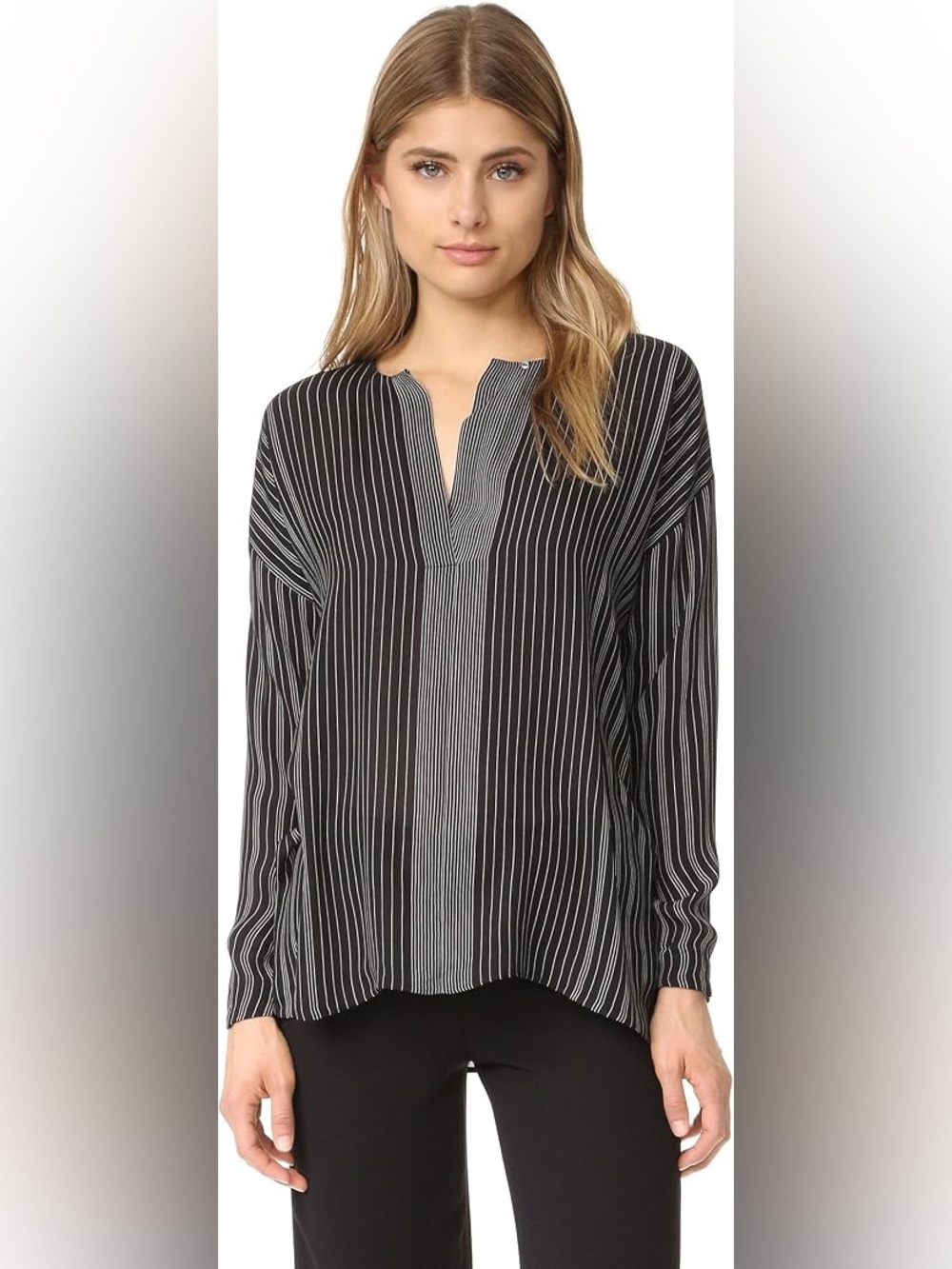 NWT. Vince. Black & White Stripe V-neck Tunic Silk Blouse. Size 8.